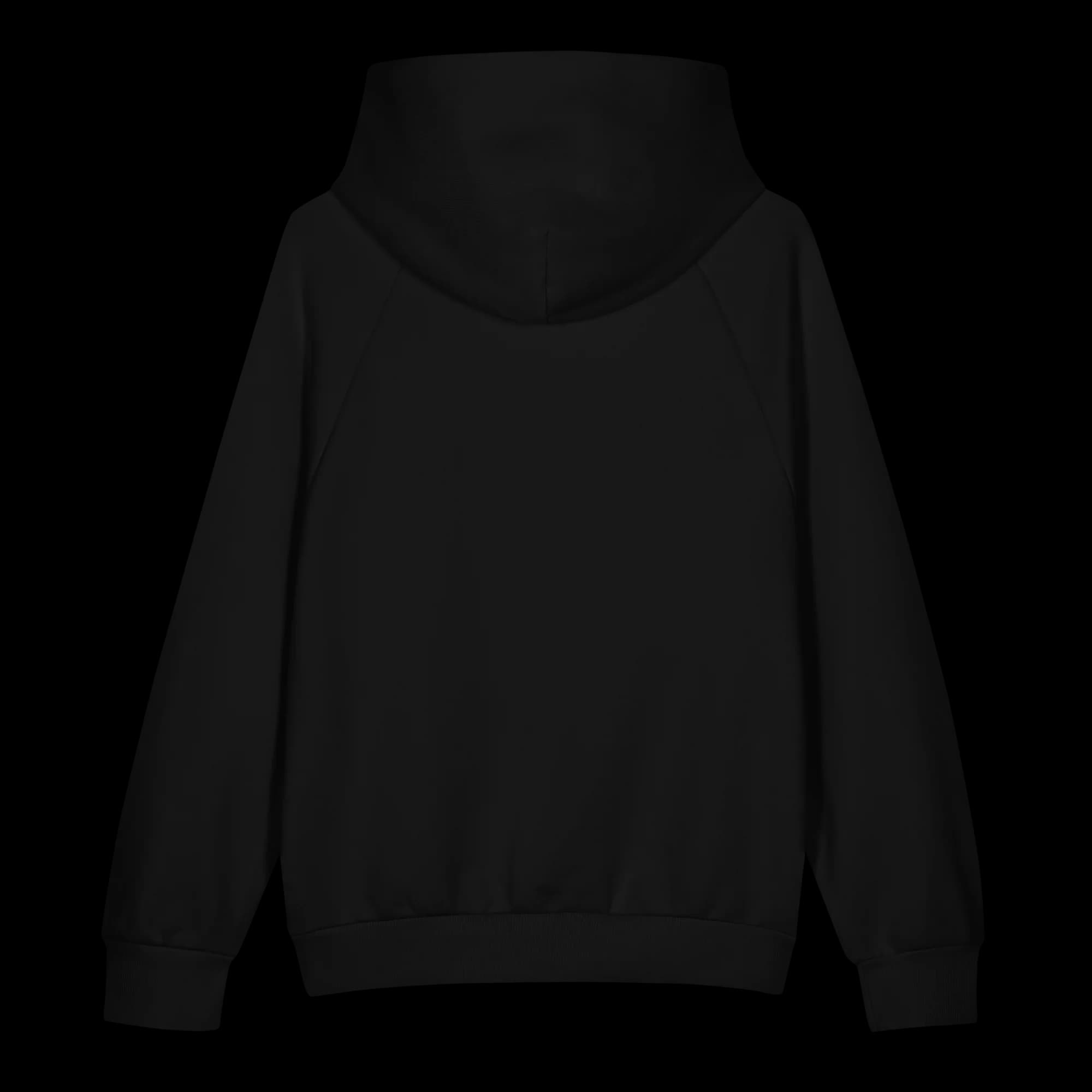 Close-up of blue and white embroidered LaFleur circular logo on black hoodie