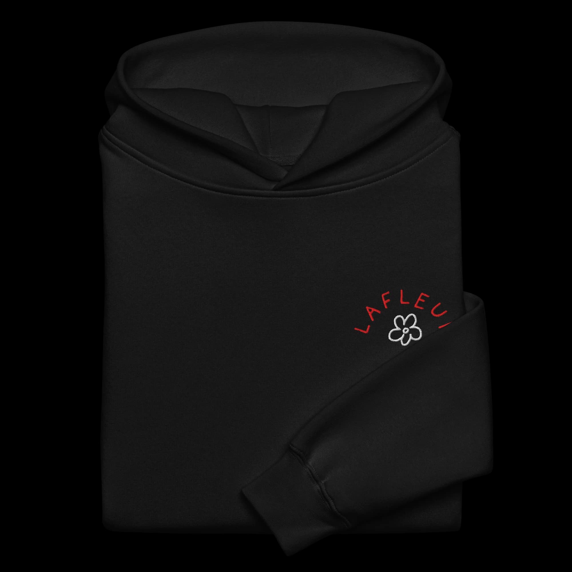Black Lafleur Bloom hoodie with embroidered logo and flower detail on the chest