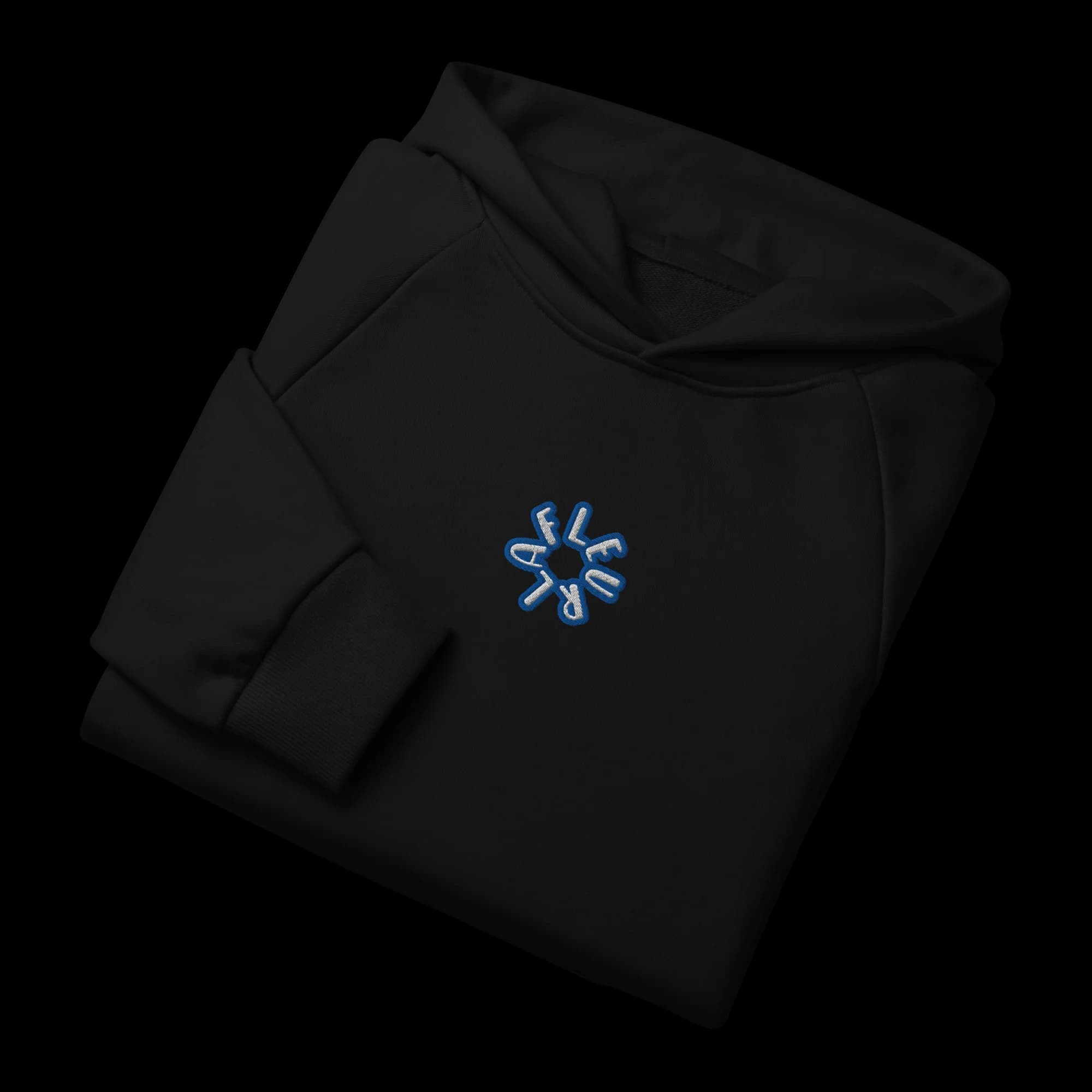 Oversized fit of Insignia black heavyweight hoodie — side or back view